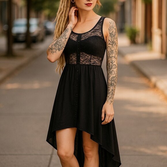 JANUARY 7 Lolita Lace Black High Low Dress S Goth Punk Rave Nylon Corset Y2K - Picture 1 of 16
